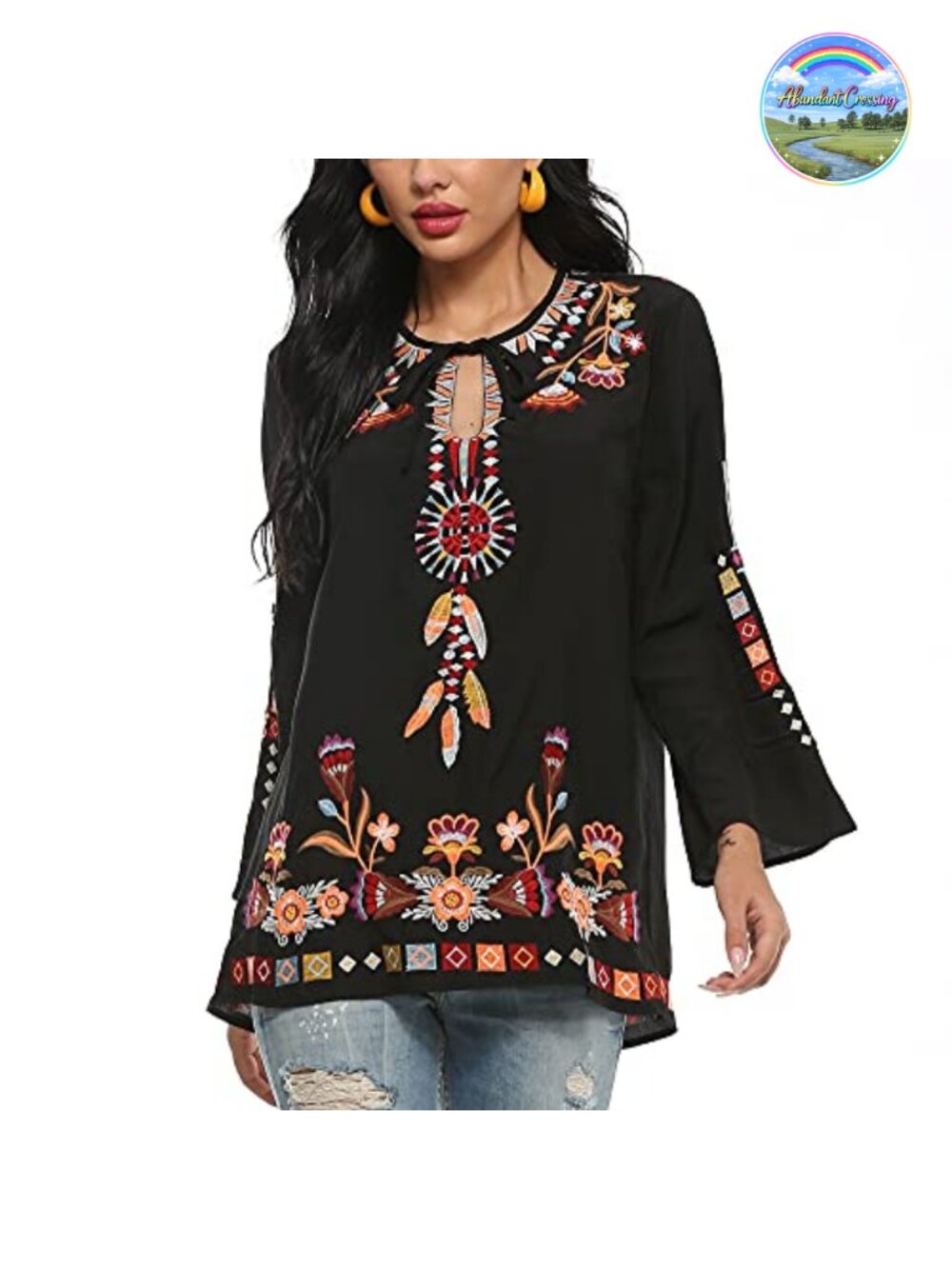 Boho Embroidered Long Sleeve Tunic Top Floral Peasant Blouse